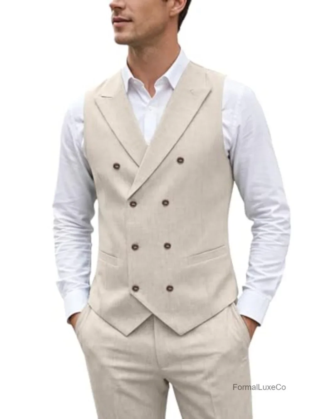 Men's Linen Suit Set 2 Piece Slim Fit Vest & Pants Summer Tuxedo